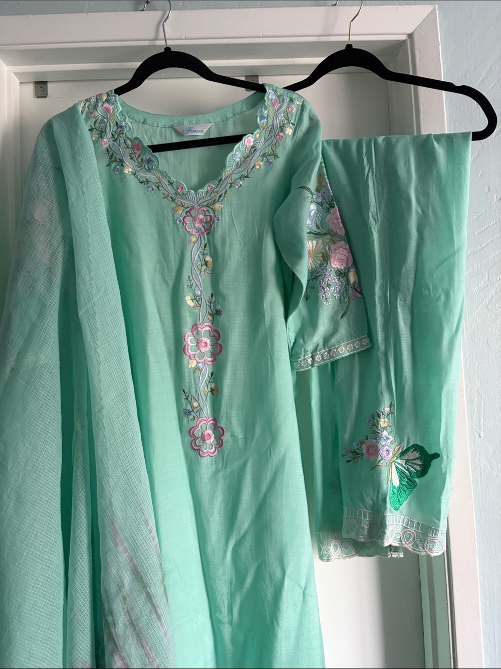 Elegant Mint Green Women’s Embroidered Salwar straight pants  with Dupatta
